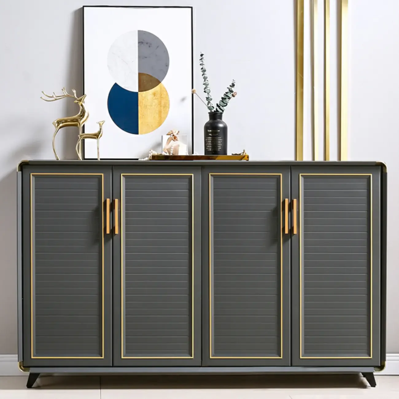 Luxury Grey Metal Entryway Shoe Cabinet with Gold Trim