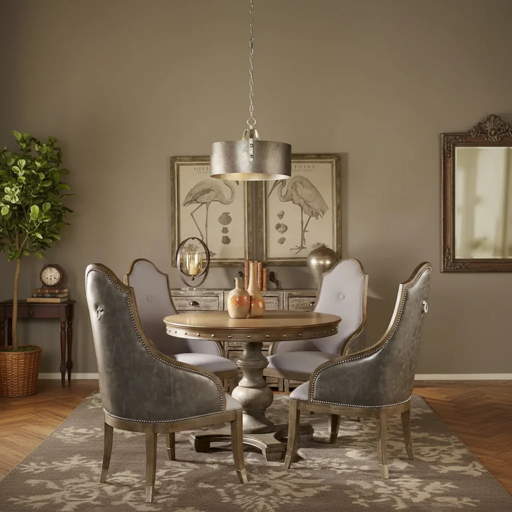 Light Grey Washed Round Wood Accent Table with Carved Apron & Silver Nail Accents