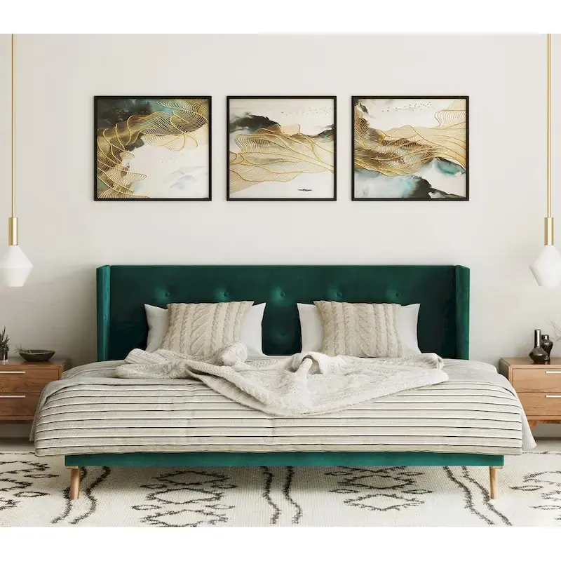 Uddesbo Modern Green Fabric & Walnut Bed