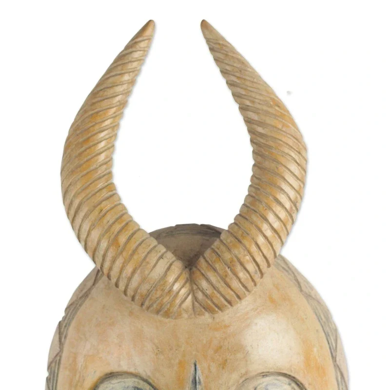 Handmade Yellow Gazelle African Wood Mask (Ghana) - 17.25  H x 9.5  W x 3.5  D
