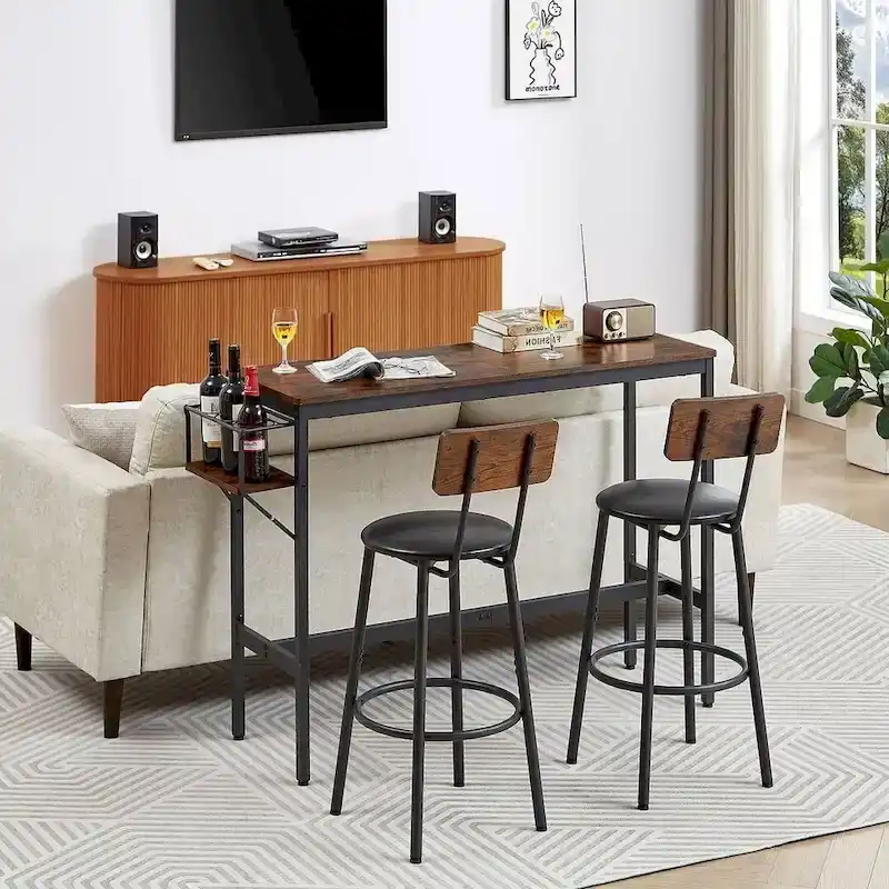 3 PCS Industrial Bar Table Set with Wine Rack