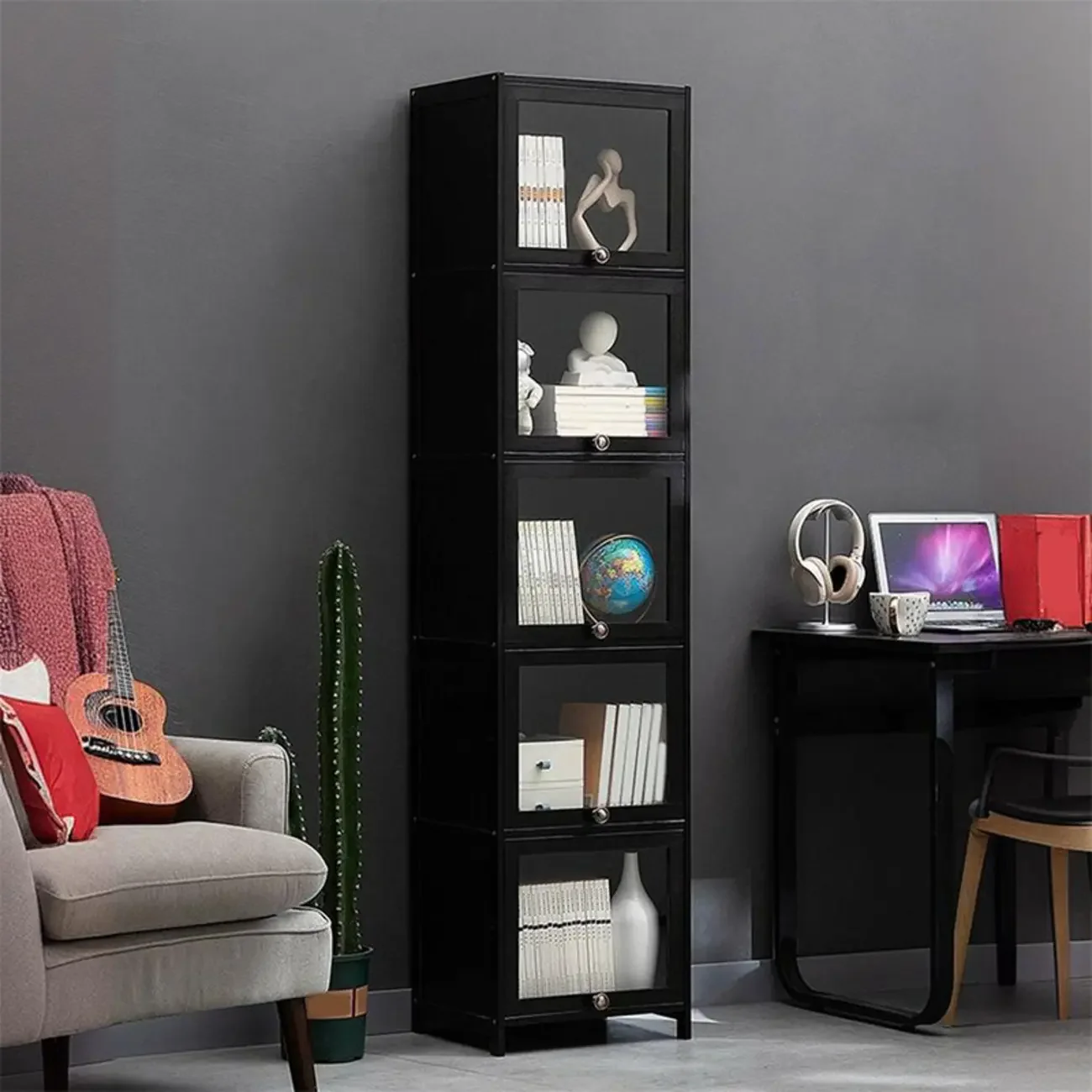 Sleek Black Bamboo Glass Display Cabinet for Living Room