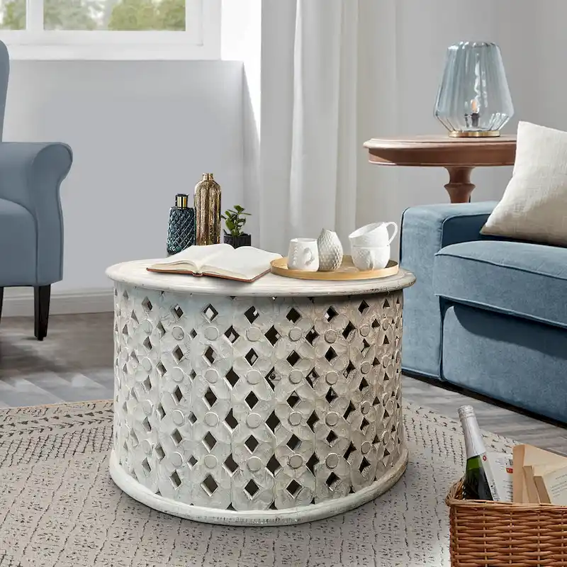 Round Coffee Table, Mango Wood, Diamond Lattice Cutout Frame, Distressed Carving, Washed White, 1-Person Use