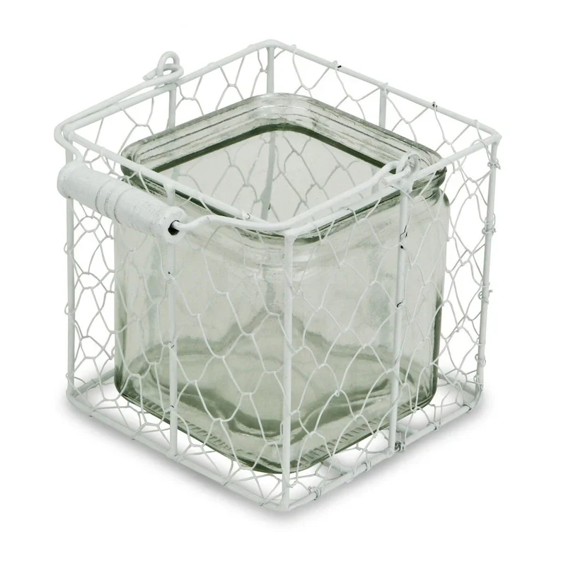 HomeRoots 5.5  White and Clear Wire Basket Glass Jar - 5.5  x 5.5  x 5.5