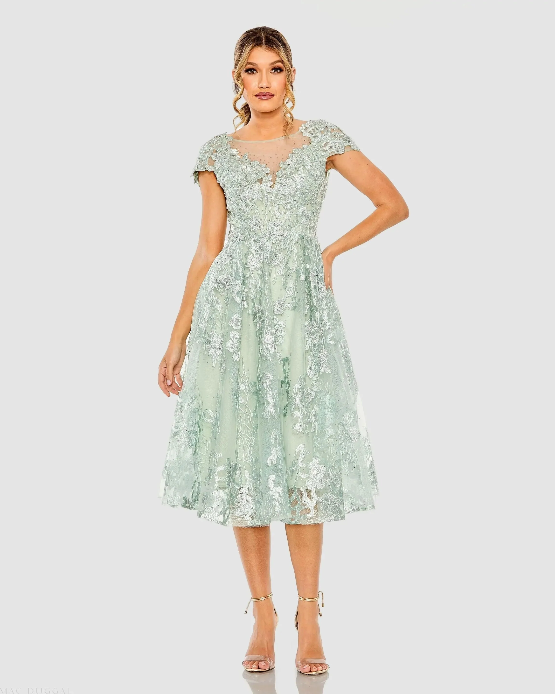 Green Embroidered Cap Sleeve A Line Dress