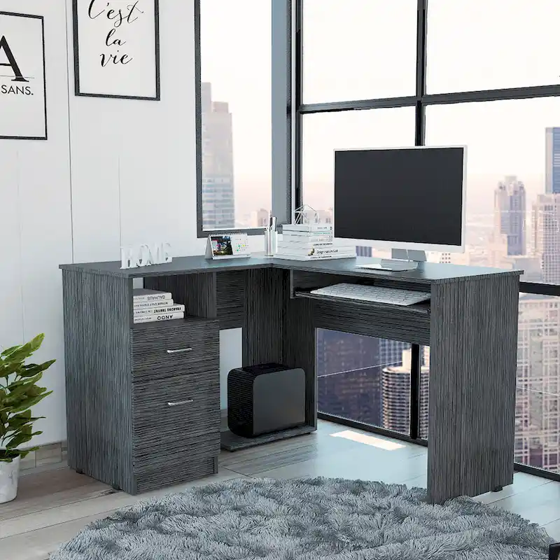 L-Shaped Desk with Drawers and Keyboard Tray