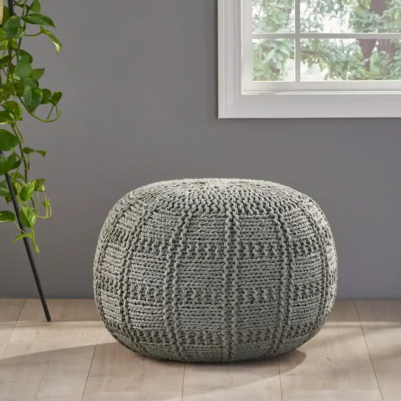 Blue / Ivory / Coral / Grey / Navy / Yellow Hand-Knit Cotton Pouf Ottoman – 1-Person Seat