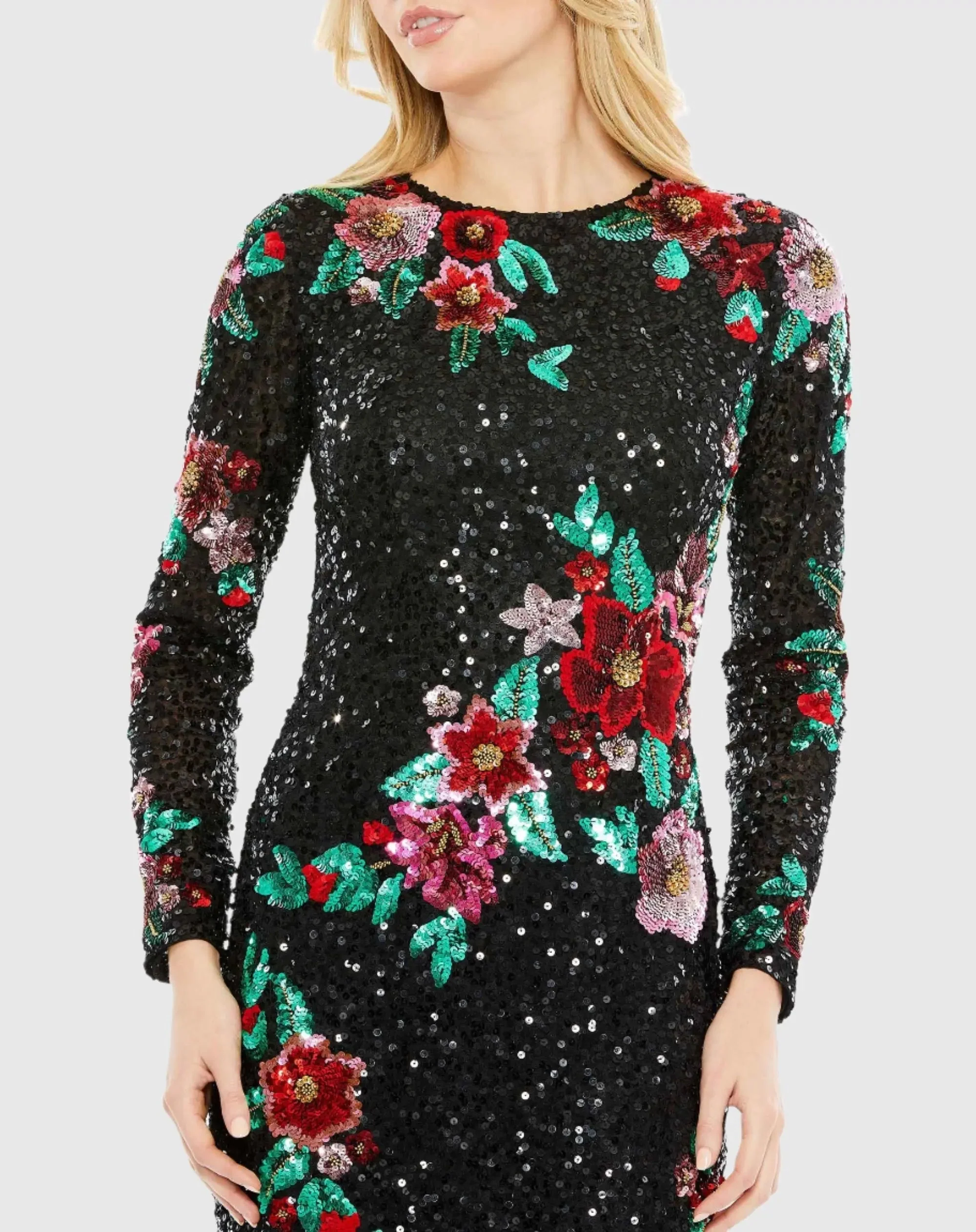 Black Embellished High Neck Cascading Floral Dress
