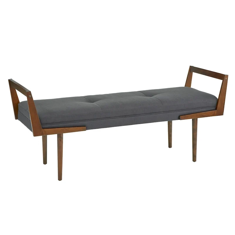 Upholstered Mid-Century Bench with Button Tufting – Taupe / Charcoal Grey / Brown Faux Leather, Walnut Legs