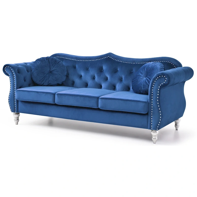 Hollywood 82 in. Velvet Chesterfield 3-Seater Sofa with 2-Throw Pillow - 82L x 35W x 34H