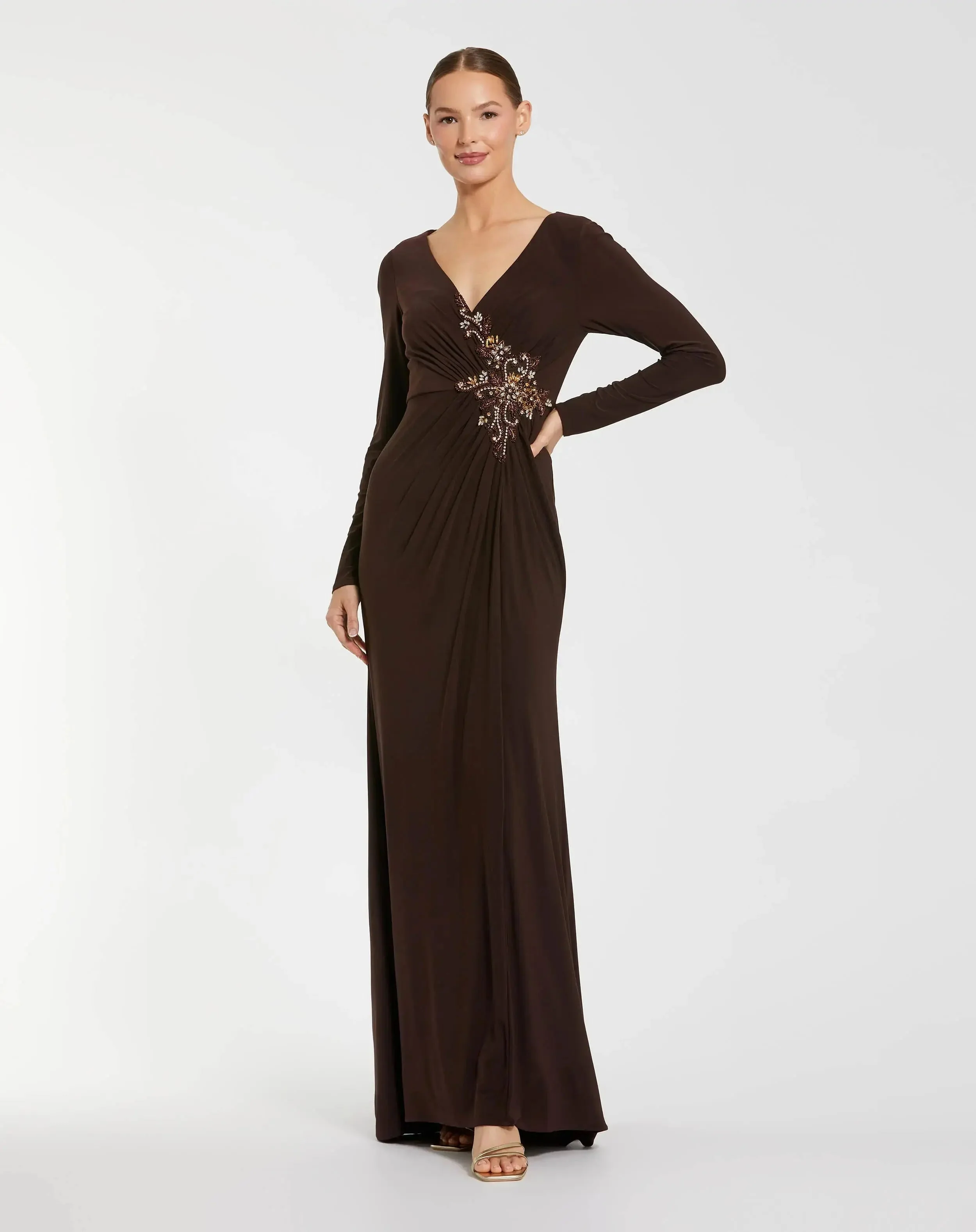 Brown Faux Wrap Long Sleeve Evening Gown with Appliqué Detail