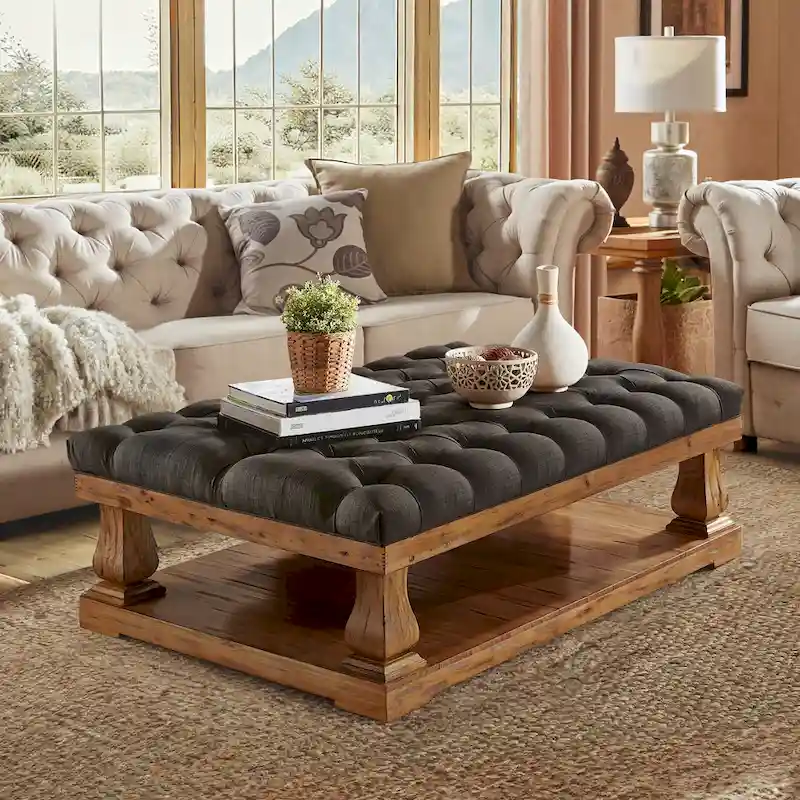 Grey / Dark Grey Linen Button-Tufted Rectangular Ottoman with Lower Shelf