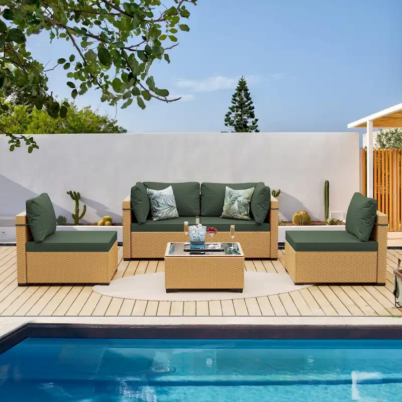 Patio Watcher 5-Pieces Yellow Rattan Conversation Set with Cusions for Outdoors