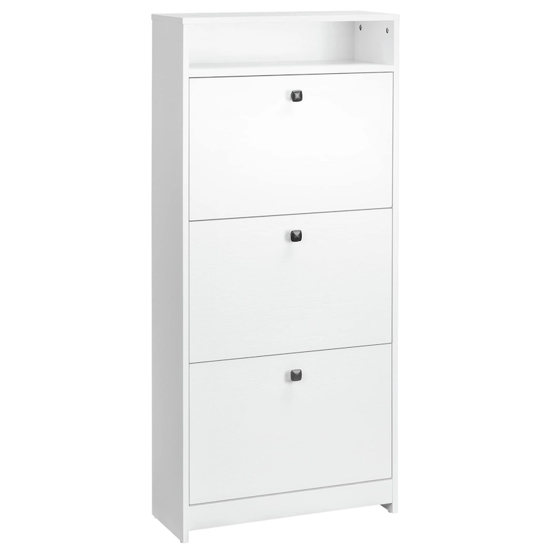 Slim Shoe Cabinet, Trendy Shoe Storage Cabinet with 3 Large Fold-Out Drawers & a Spacious Top Surface for Small Items, White