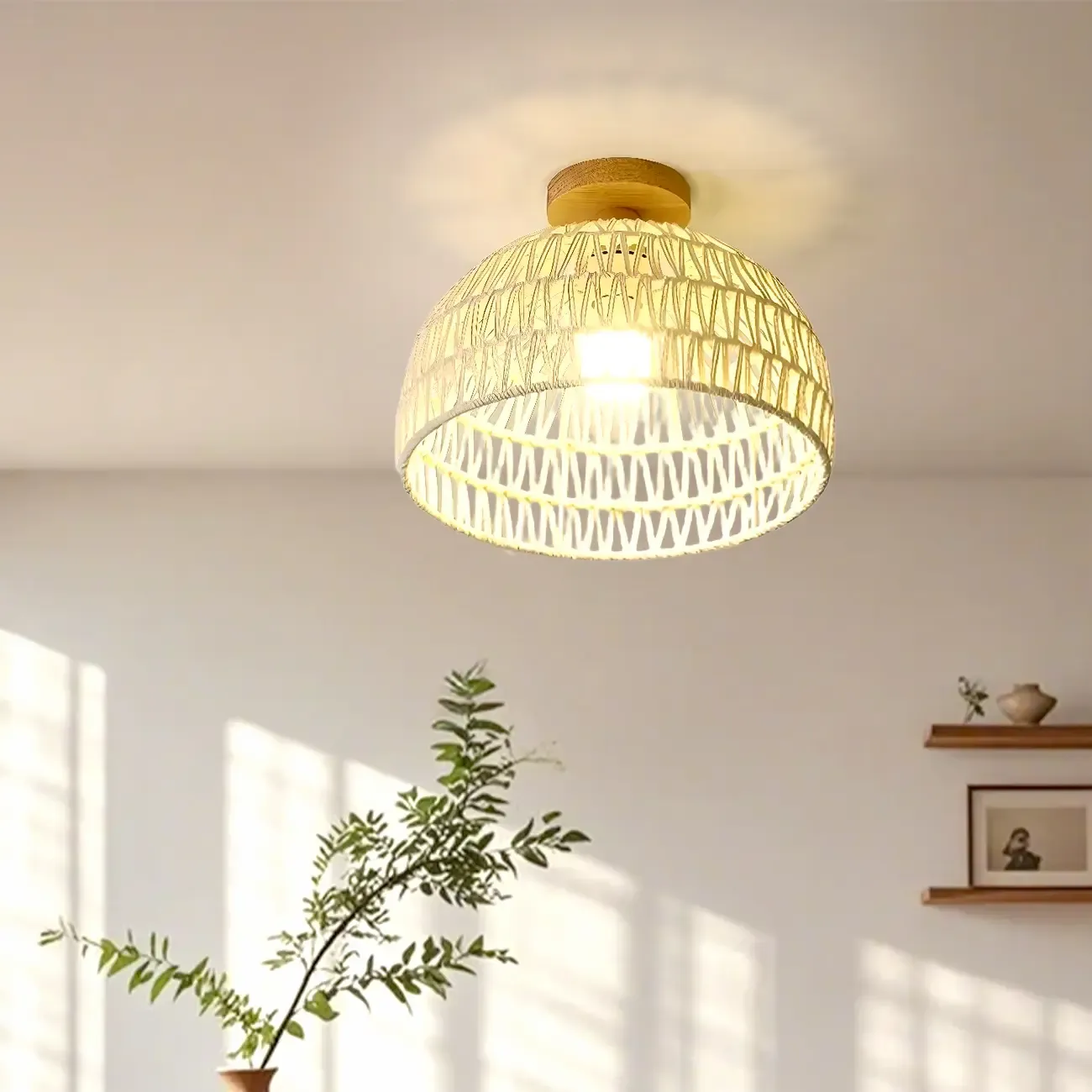 Natural Finish Semi Flush Ceiling Light with Rope Dome Shade