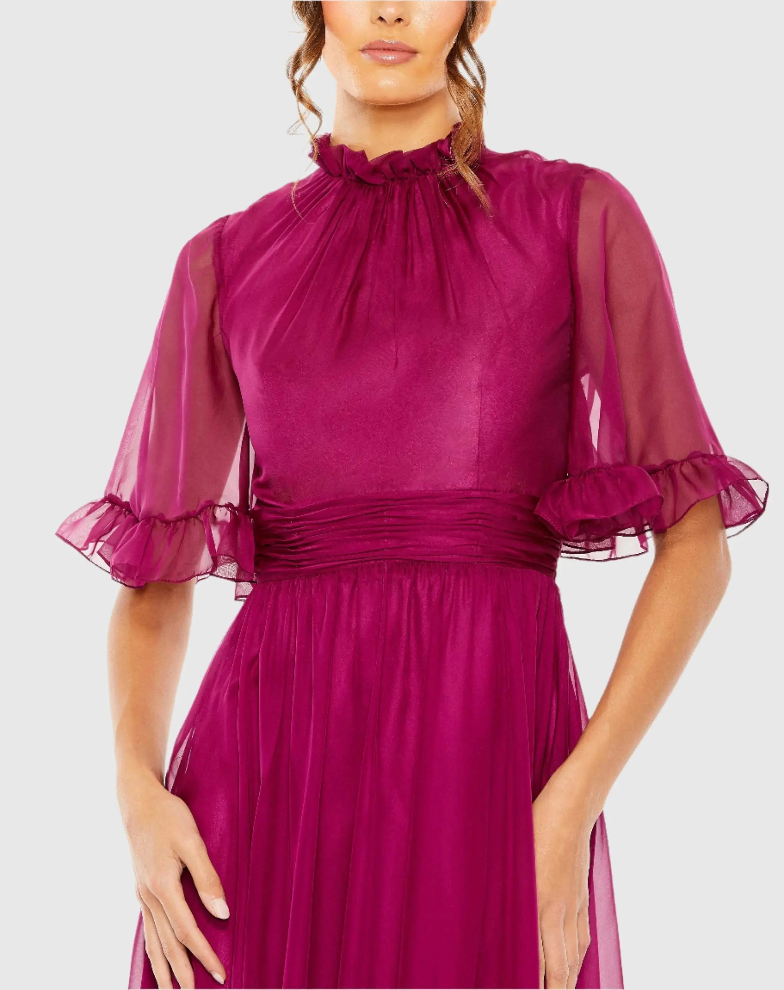 Purple Ruffled Mock Neck Flutter Sleeve High Low Hem Gown