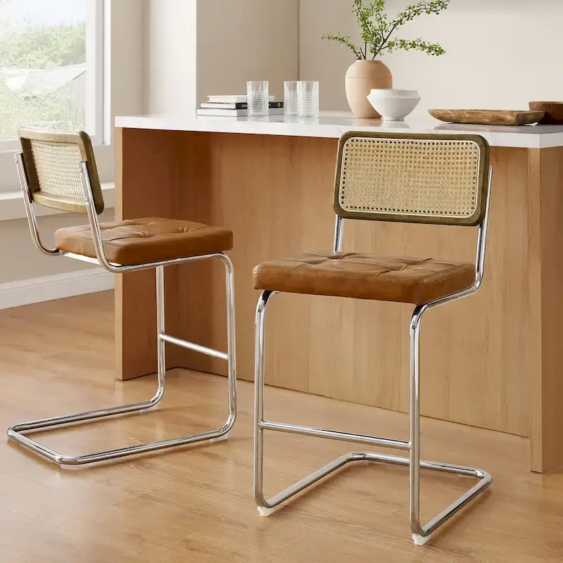 Brown Faux Leather Counter Stool with Chrome Frame