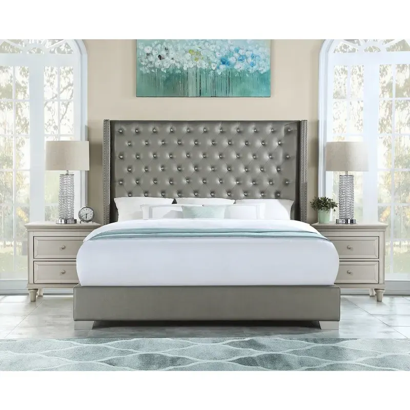 Gray Faux Leather Upholstered Tufted Bed