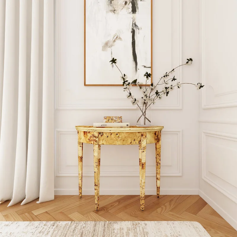 Hampton Demilune Burl 36  Console Table