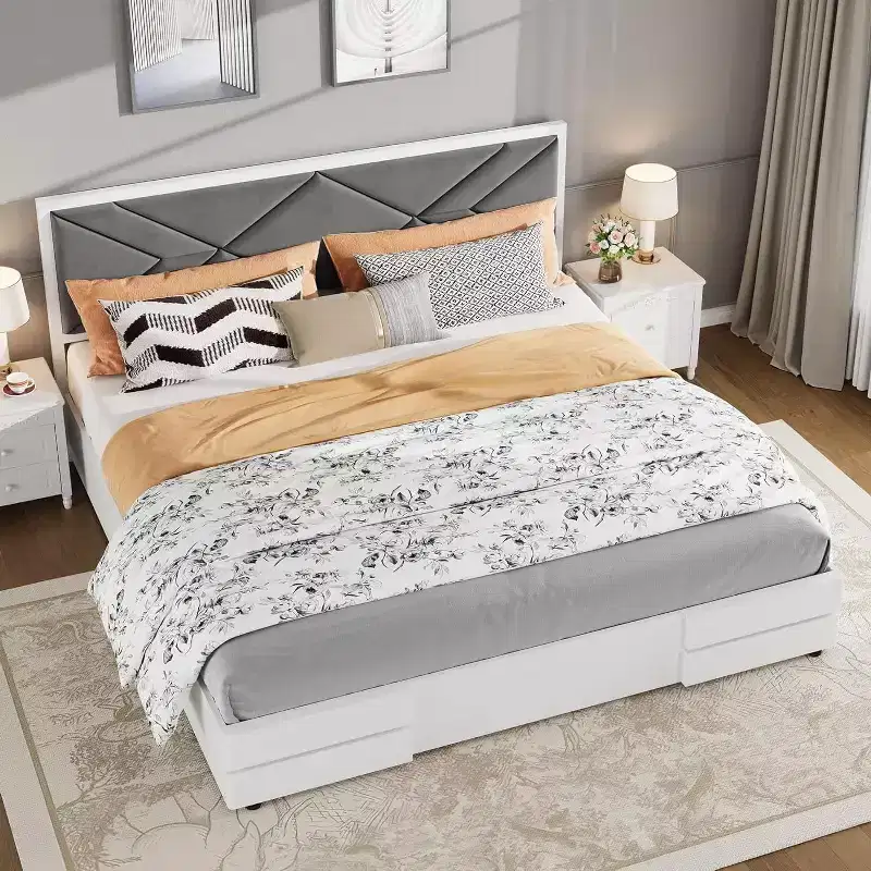 King Size Upholstered Bed Frame, Tufted Design Soft Headboard, Wooden Slat Support, Mattress Foundation, Stable & Quiet Full Bed Frame for Bedroom