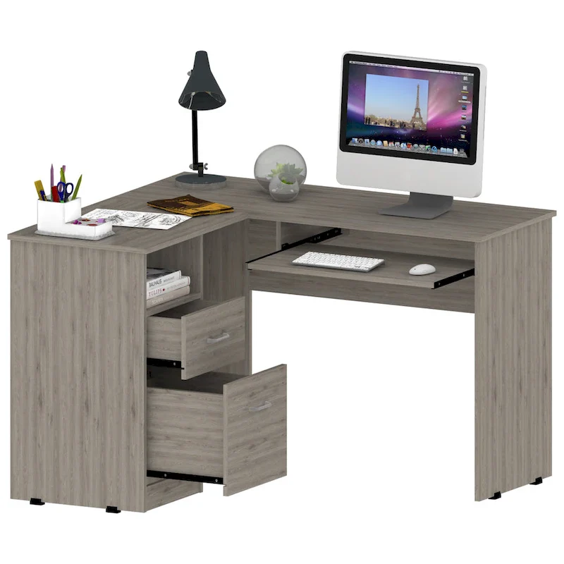 TUHOME Mix L-Shaped Desk with Open Shelving, 2 Drawers, and a Retractable Keyboard