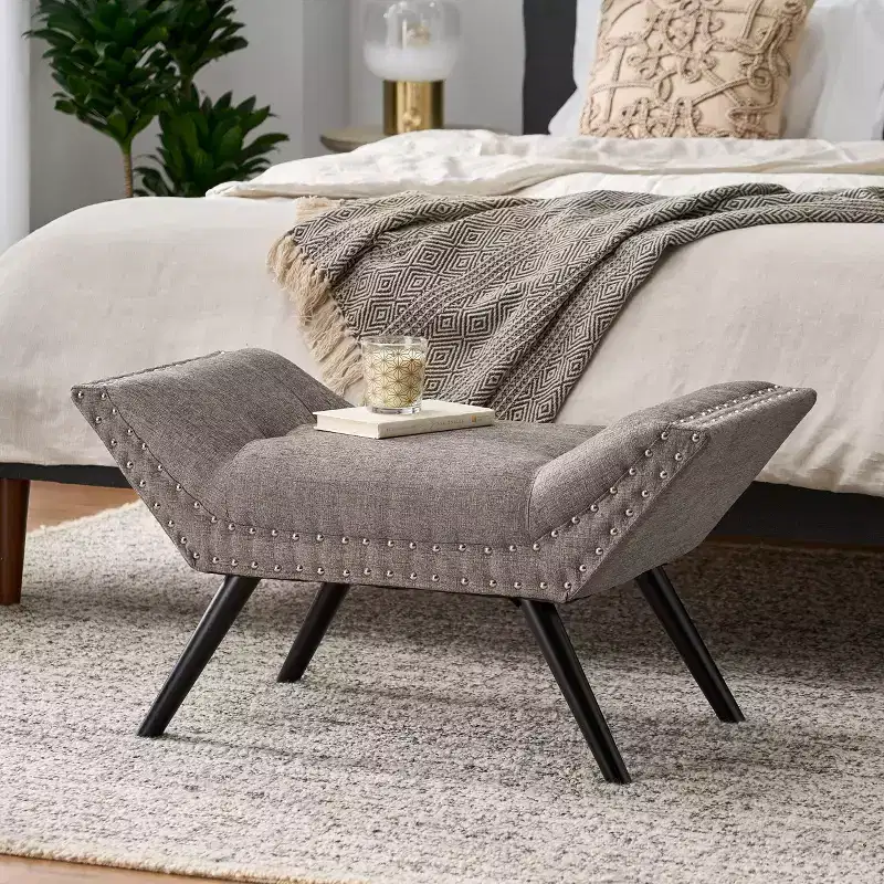TUYOHW 35.5 Vintage Ottoman Bench Button-Tufted Design,Accent End of Bed Ottoman for Bedroom & Living Room,Birchwood Legs & Nailhead Trim,Gray
