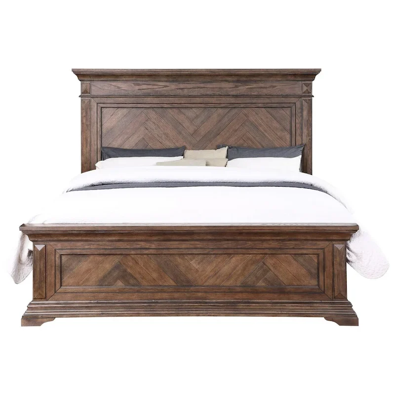 Marv Queen Size Bed, Parquet Pattern, Traditional Style, Brushed Brown Wood