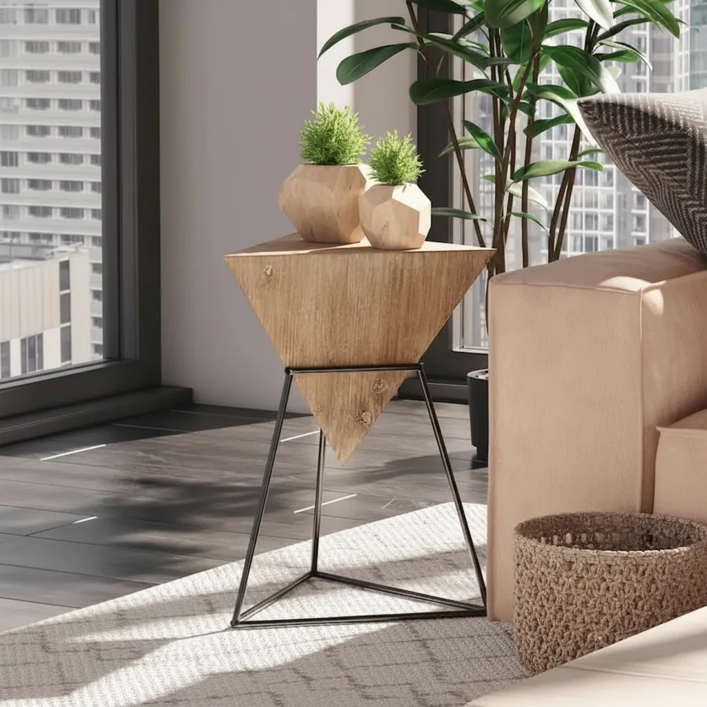 Triangle Geometric Side Table with Wood Top and Metal Base