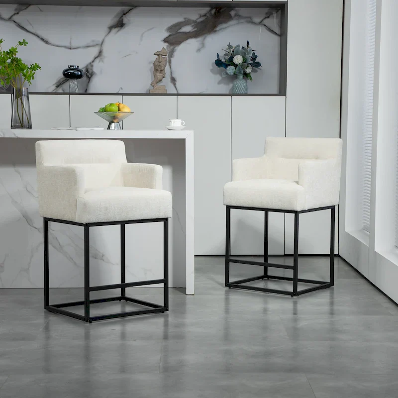 Chenille Upholstered Counter Bar Stool with Metal Frame, Set of 2