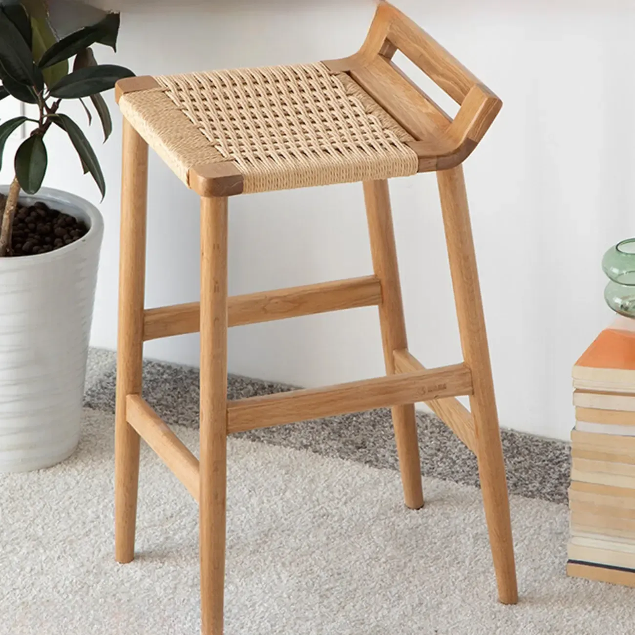 Natural Wood Backless Woven Seat Counter Height Bar Stool