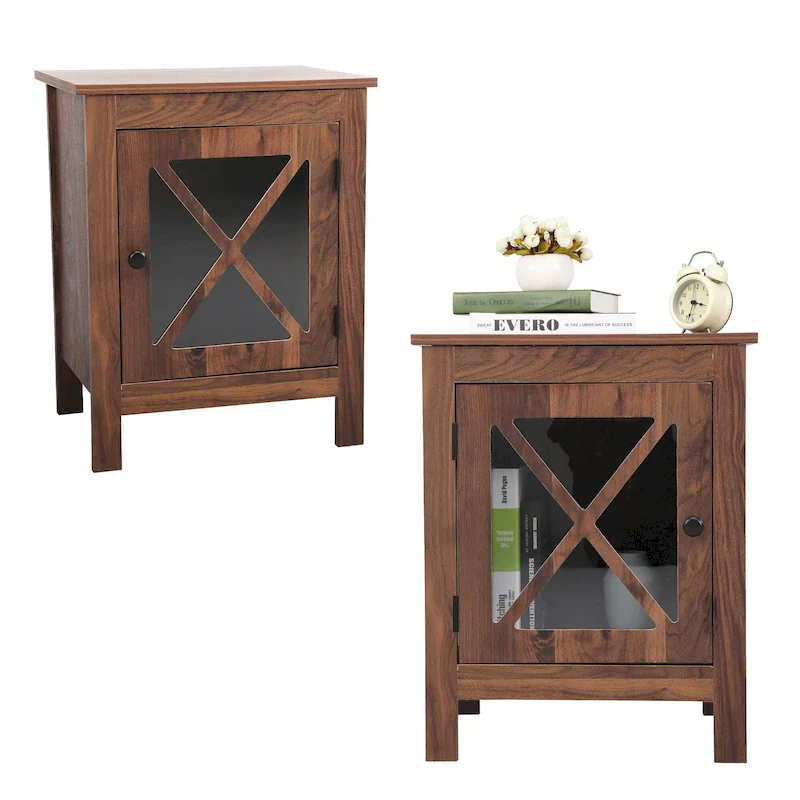 Brown / White / Natural / Grey Industrial Nightstand with Glass Door, Set of 2