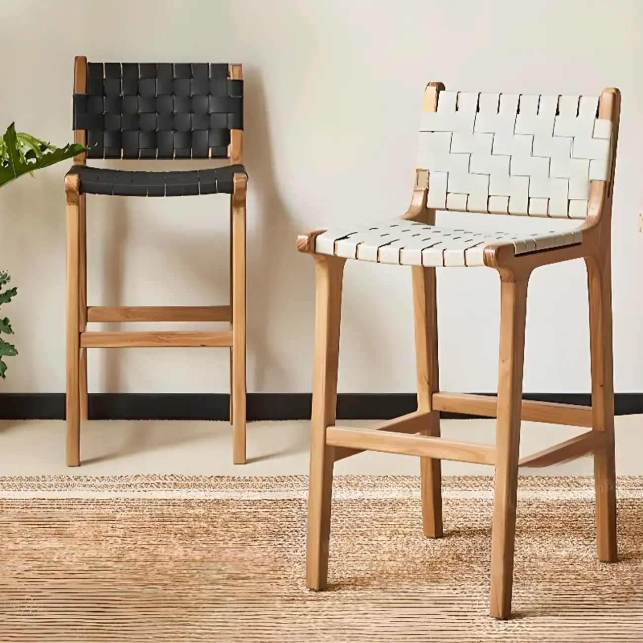 Rustic Faux Leather Wooden Woven Bar Stool