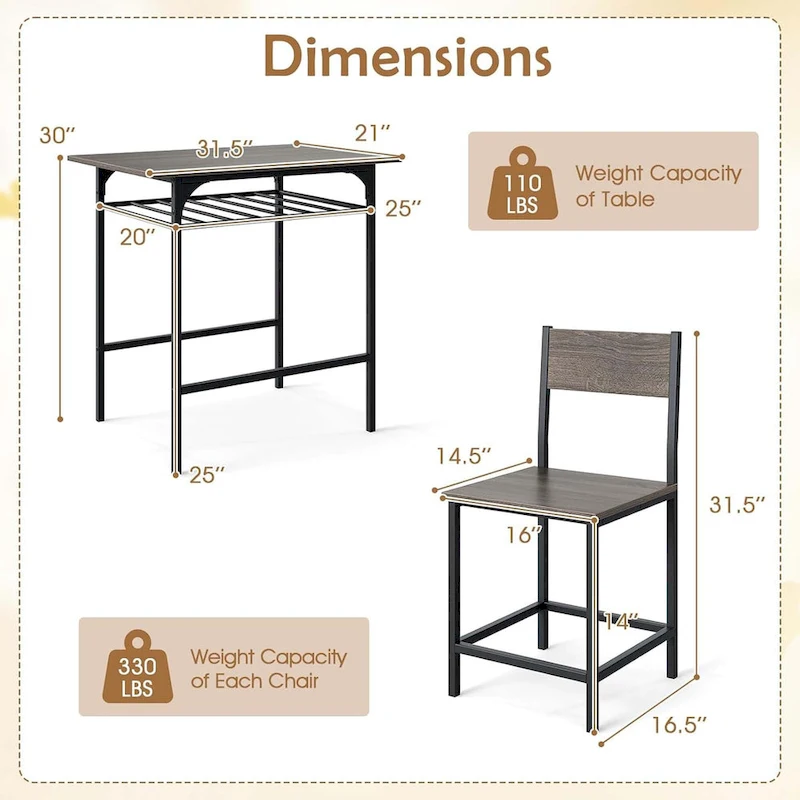 3PCS Dining Table Set Industrial Breakfast Nook Table Set w/ Wine Rack