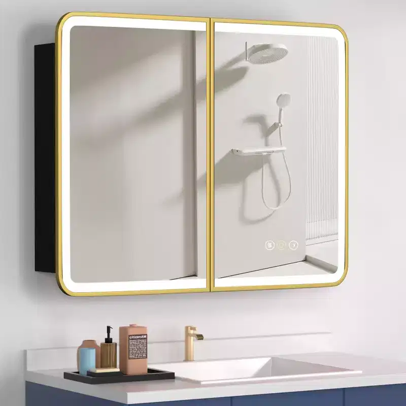 Aris 36x32 LED Medicine Cabinet with Mirror, Wall/Recess Mount Bathroom Cabinet, Dimmable, 3-Mode Light, Anti-Fog, Adjustable Shelves, Gold