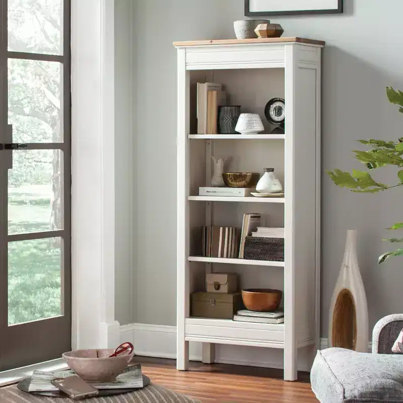 60" Savannah Tall Bookshelf Ivory with Natural Wood Top - Alaterre Furniture