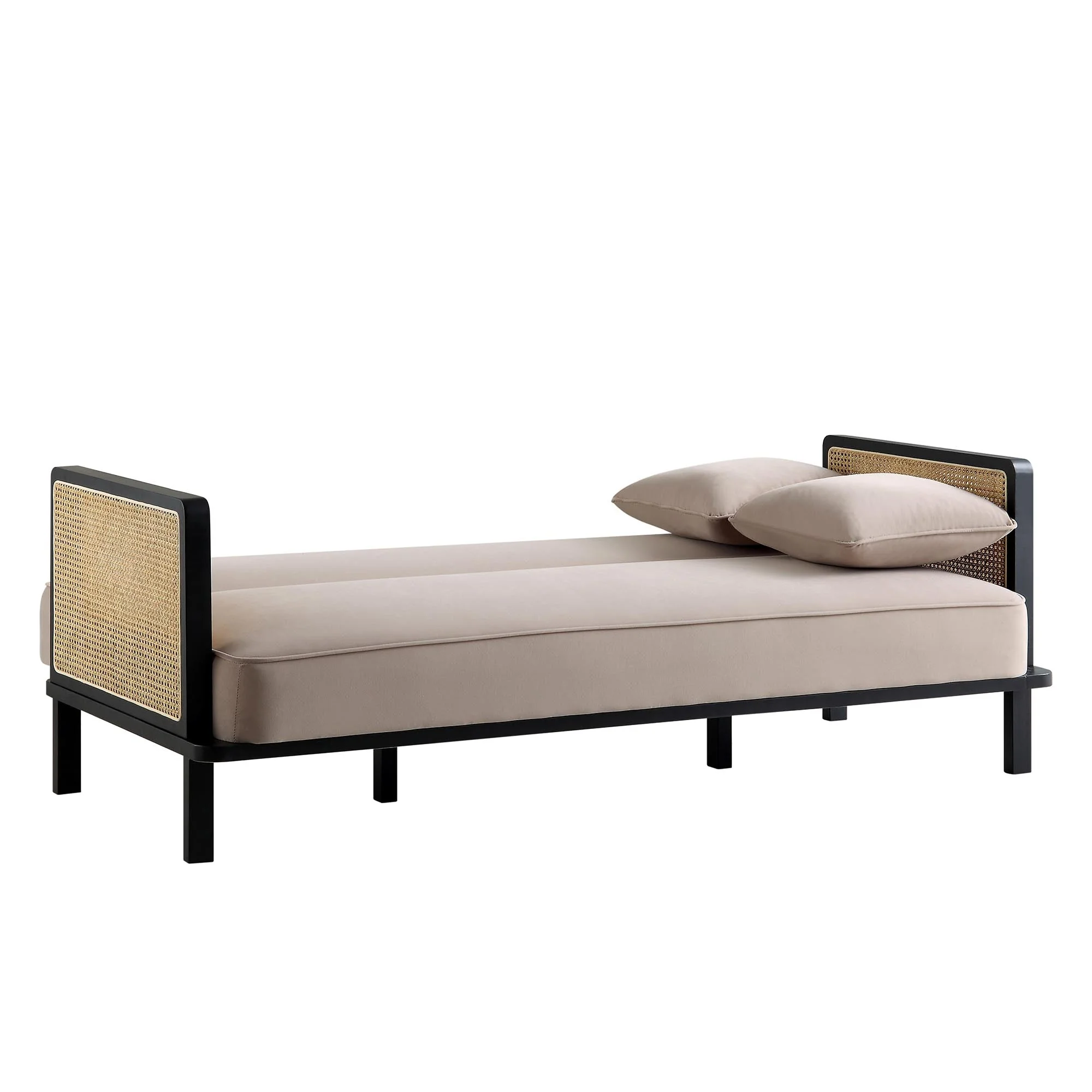 Solid Wood and Cane Sofa Bed, Taupe Velvet with Black Frame