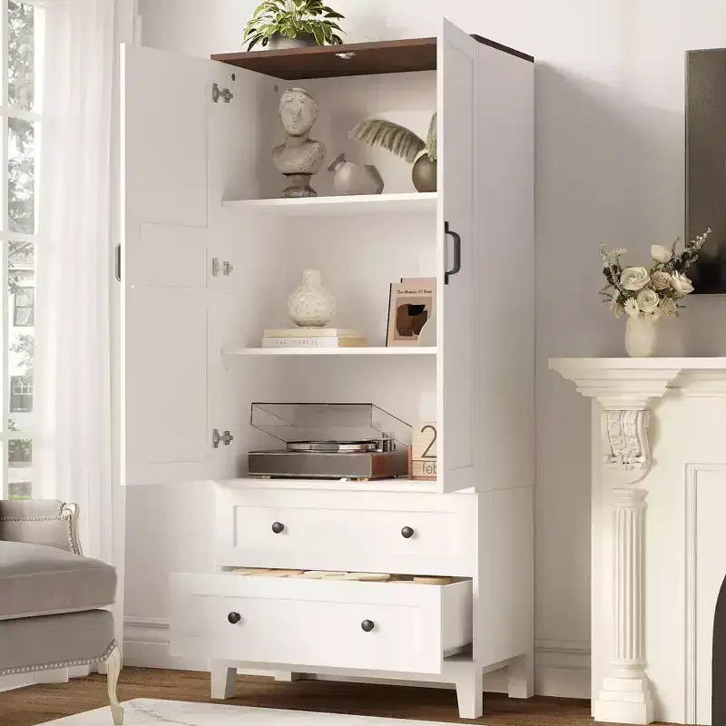 65 Tall Storage Cabinet with 2 DIY Adjustable Shelves, Farmhouse Wooden Pantry w/ 2 Doors & 2 Drawers, Freestanding Bookcases for Dining Room