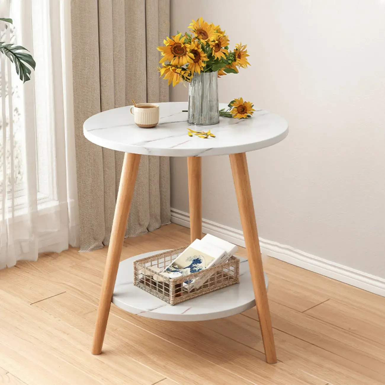2-Tier Round Wood End Table for Living Room with Storage
