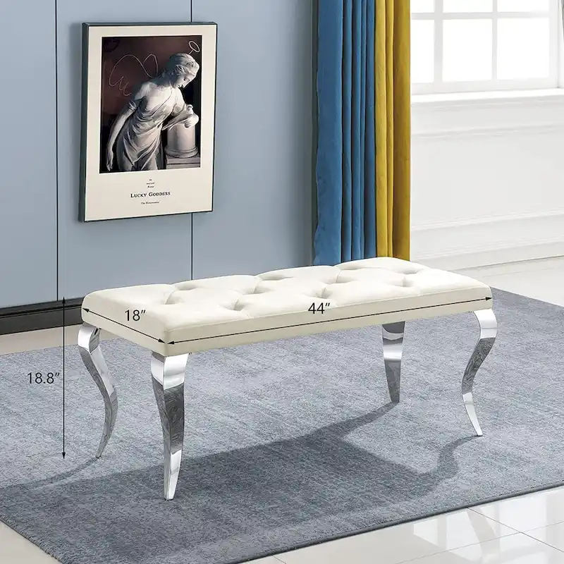 Luxury Velvet Bench Button Tufted Upholstered Dining Bench with Polished Metal Legs
