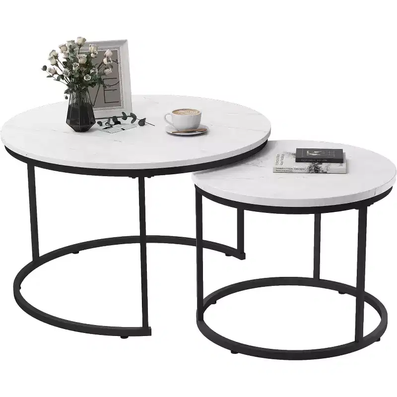 Zevemomo Nesting Coffee Table Set of 2, 27.6with Marble Pattern Top and Sturdy Metal Frame,Circle Table for Living Room, Bedroom,Patio,Yard (White)