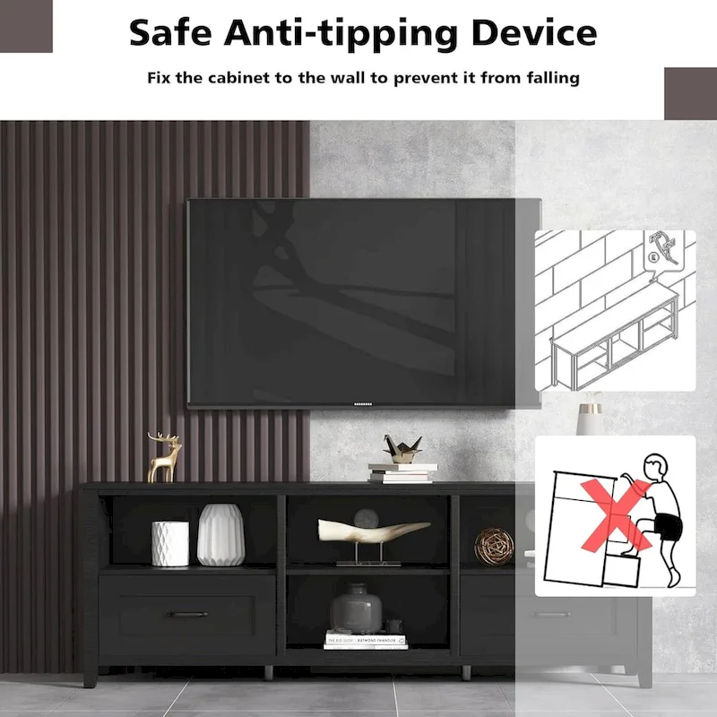 Black Industrial TV Stand with 2 Drawers & 4 Open Shelves, Single