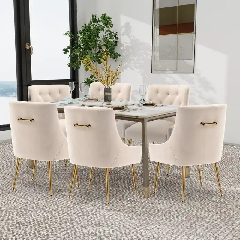 Green / Velvet / Set of 6 — Upholstered Dining Chairs with Tufted Back & Gold Ring Pull