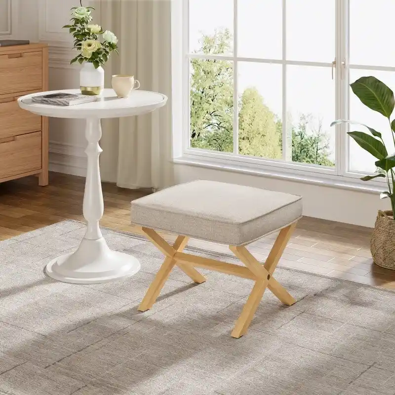 Ottoman with X-Shaped Wooden Legs