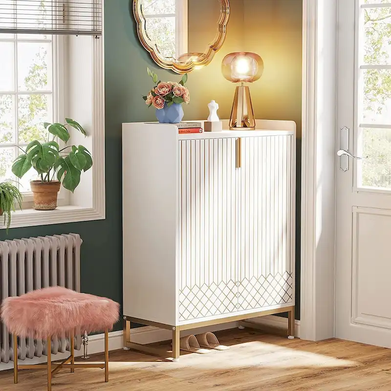 5-Tier Shoe Cabinet with Doors and Gold Accents