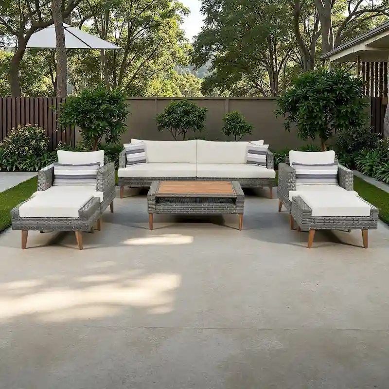 6-Pieces Outdoor PE Rattan Conversation Sofa Set with Coffee Table and 2 Ottoman