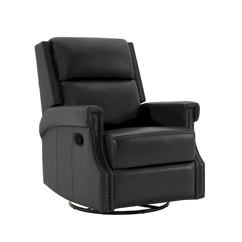 Genuine Leather Manual Rocking Recliner with 360-degree Metal Swivel Base