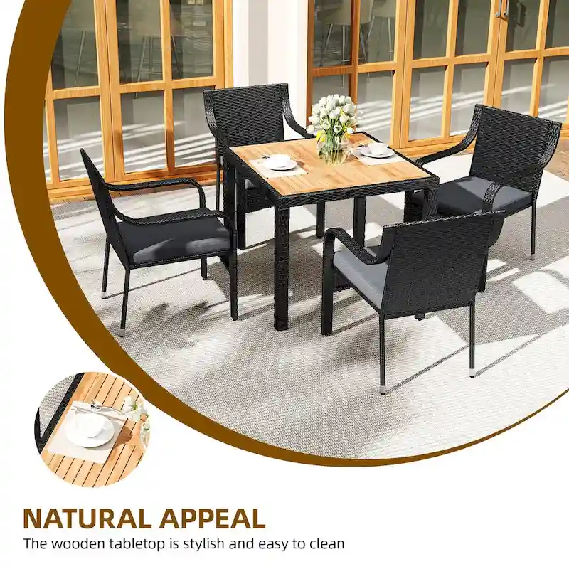 Moasis 5 PCS Outdoor Patio Dining Set Rattan Conversation Furniture Set Wooden Tabletop - 5 PCS