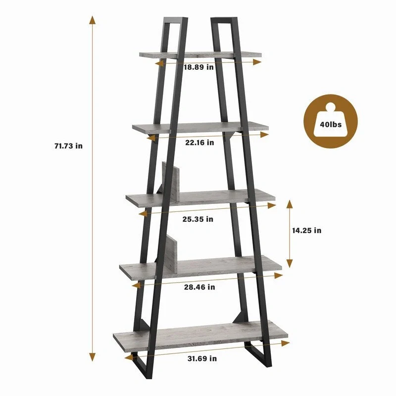 5-Tier Bookshelf - Oak/Grey - Industrial Style - Adult
