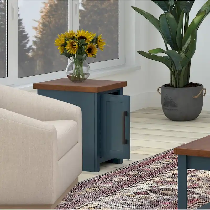 Bridgevine Home Nantucket 14 inch Chairside Table, No Assembly Required, Blue Denim and Whiskey Finish