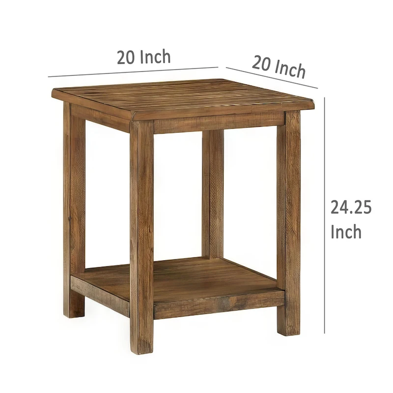 Ayne Side End Table, 1 Shelf, Distressed Brown Wood, Square 20 Inch